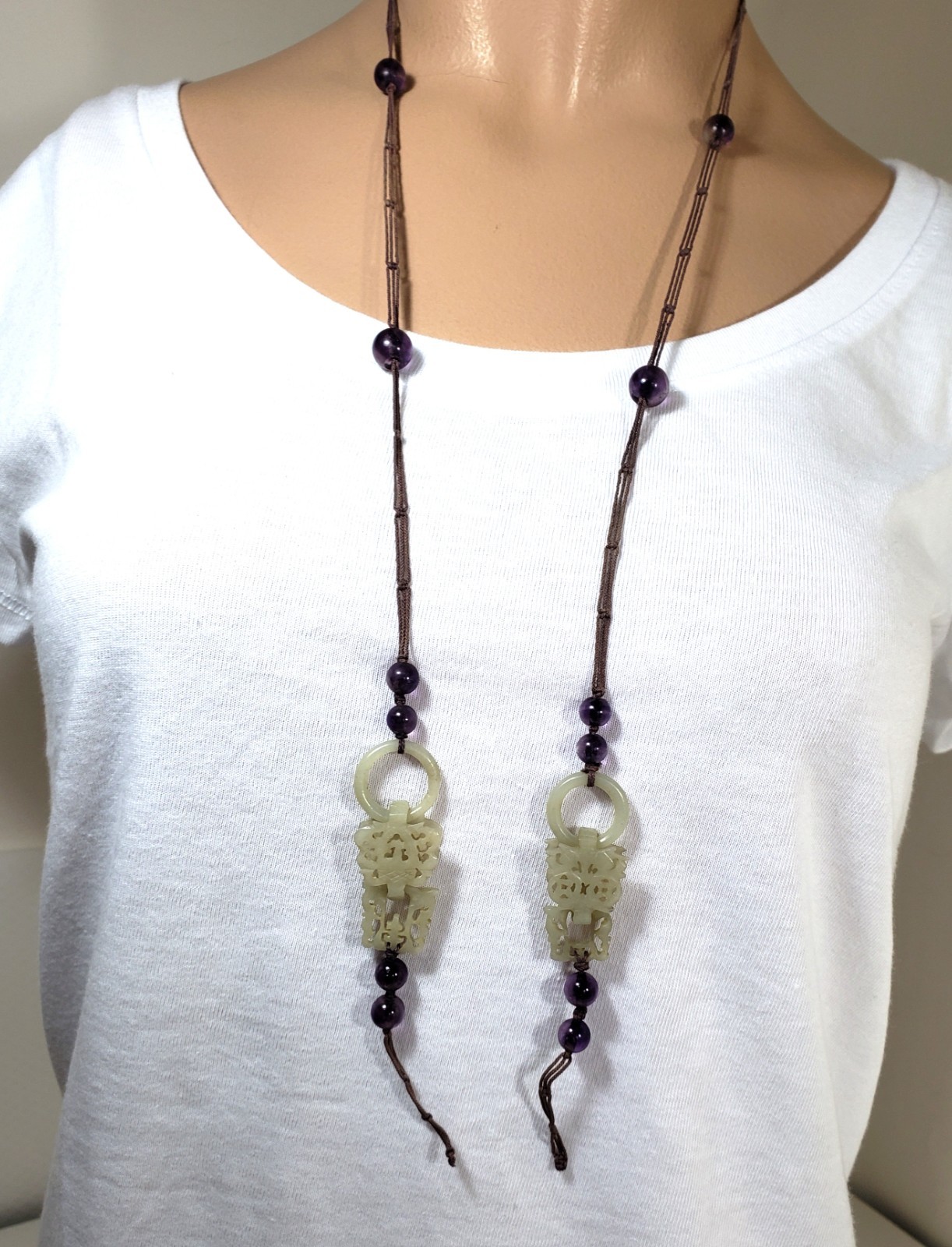 ANTIQUE ARTICULATED CARVED CHINESE JADE & AMETHYST NECKLACE 121 years old