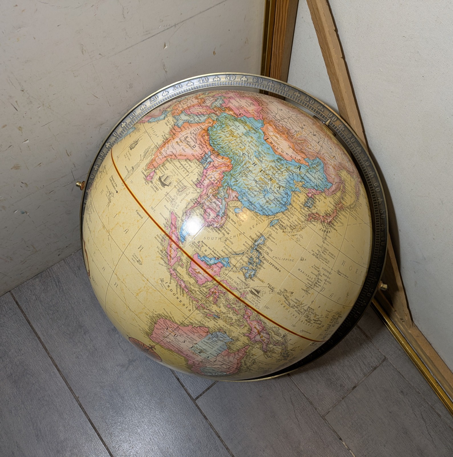 Replogle 16″ World Globe Floor Stand Cherry Wood Mission Base USA Brass 2000s
