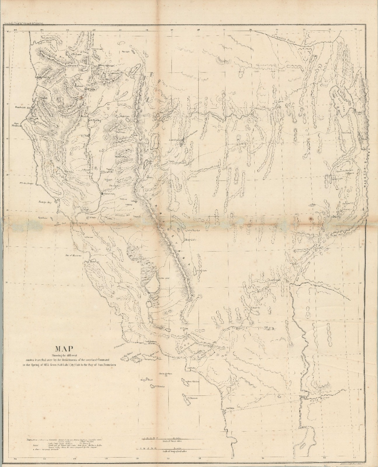1855 U.S. War Dept. Map of the American West, Trails between Utah and California