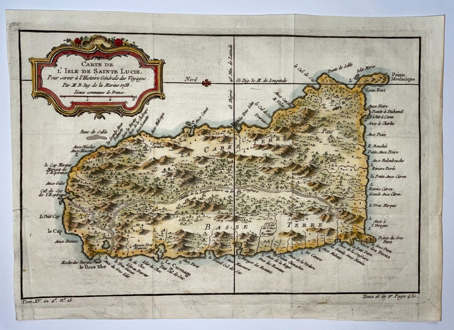 SAINT LUCIA ISLAND 1758 NICOLAS BELLIN NICE ANTIQUE MAP IN COLORS 18TH CENTURY