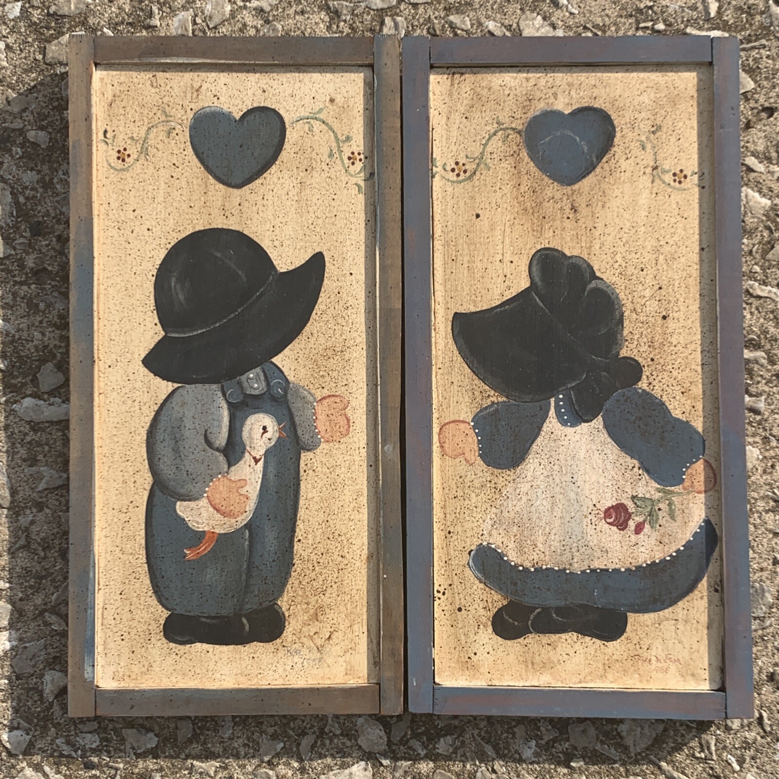 Vintage Primitive HANDMADE ONE OF A KIND Art AMISH BOY & GIRL Duck Rose ❤️sj8j8