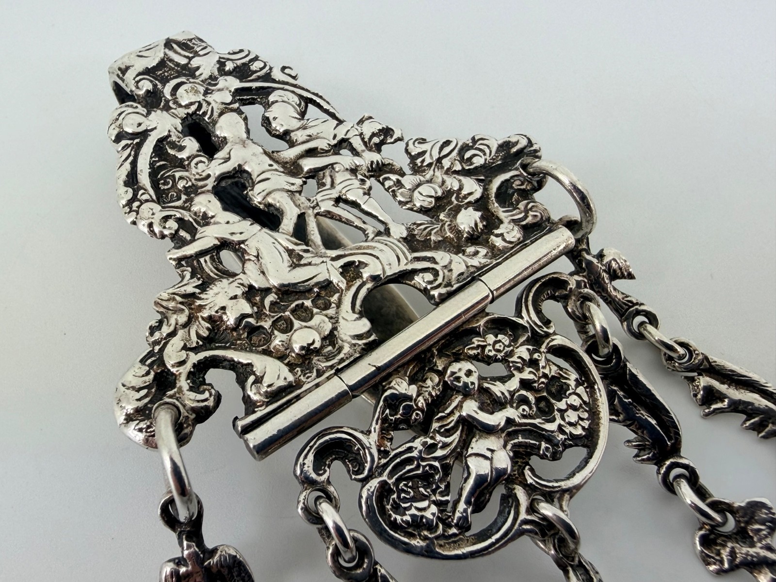 SOLID STERLING SILVER BEAUTIFUL VICTORIAN CHATELAINE AND FIVE CHAINS LONDON 1888