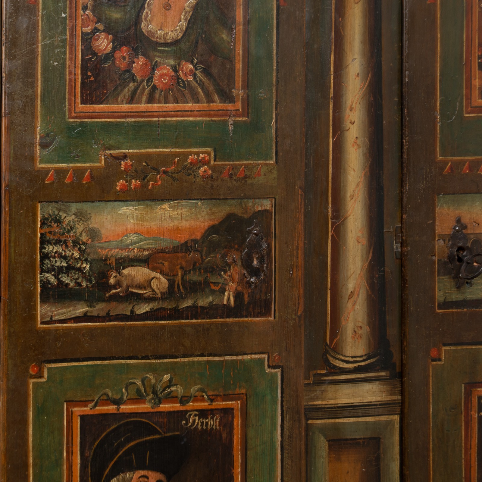 Original Painted German Shrunk Armoire with Four Seasons, Dated 1802