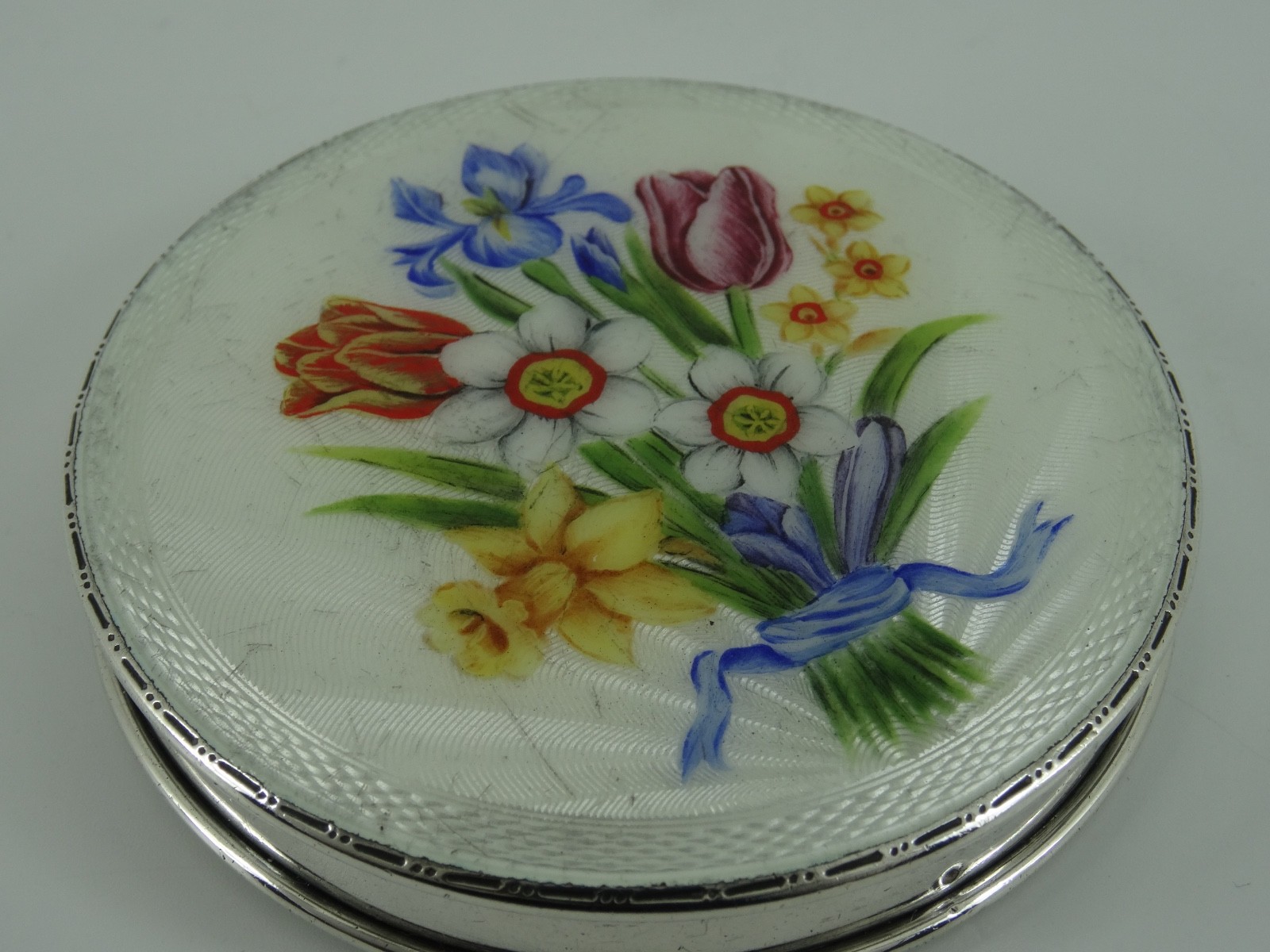 SOLID STERLING SILVER SPLENDID GUILLOCHE ENAMEL POWDER COMPACT BIRMINGHAM 1960