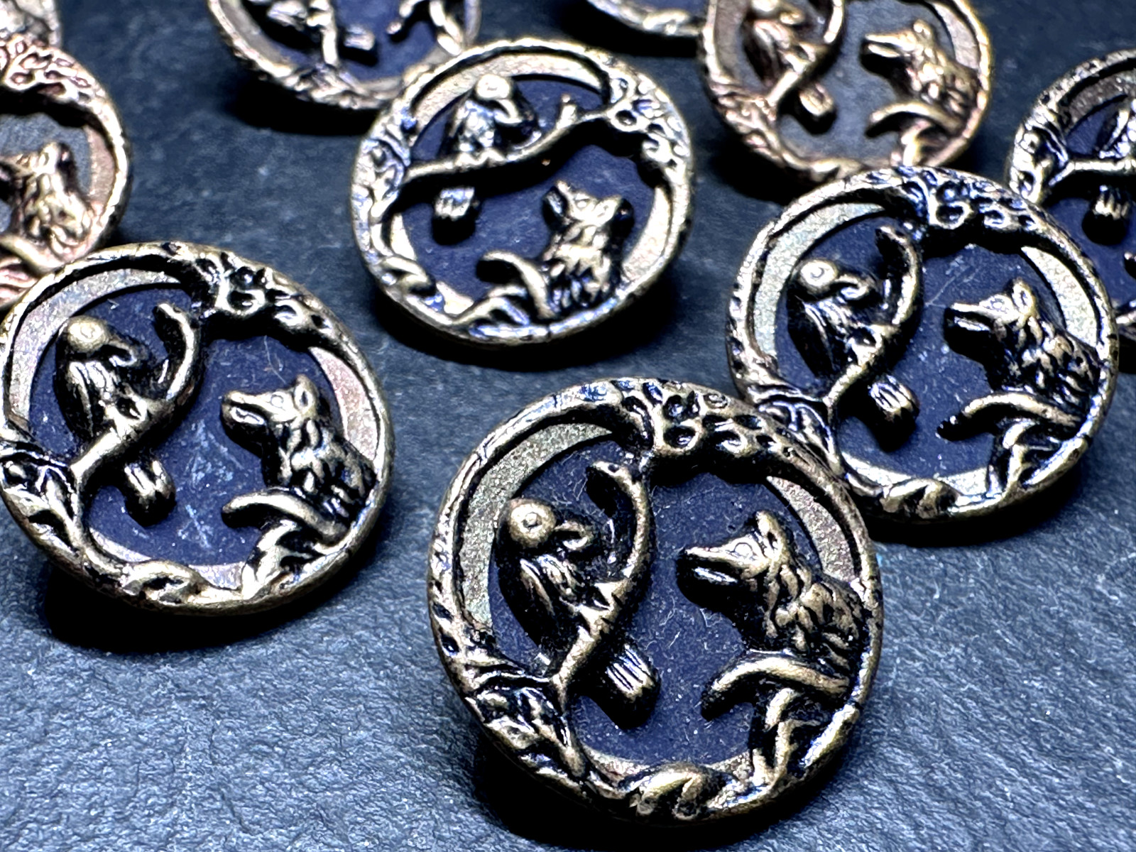 10 ANTIQUE? ROUND BRASS SHANK 14MM BUTTONS : FOX OR WOLF & BIRD IN TREE