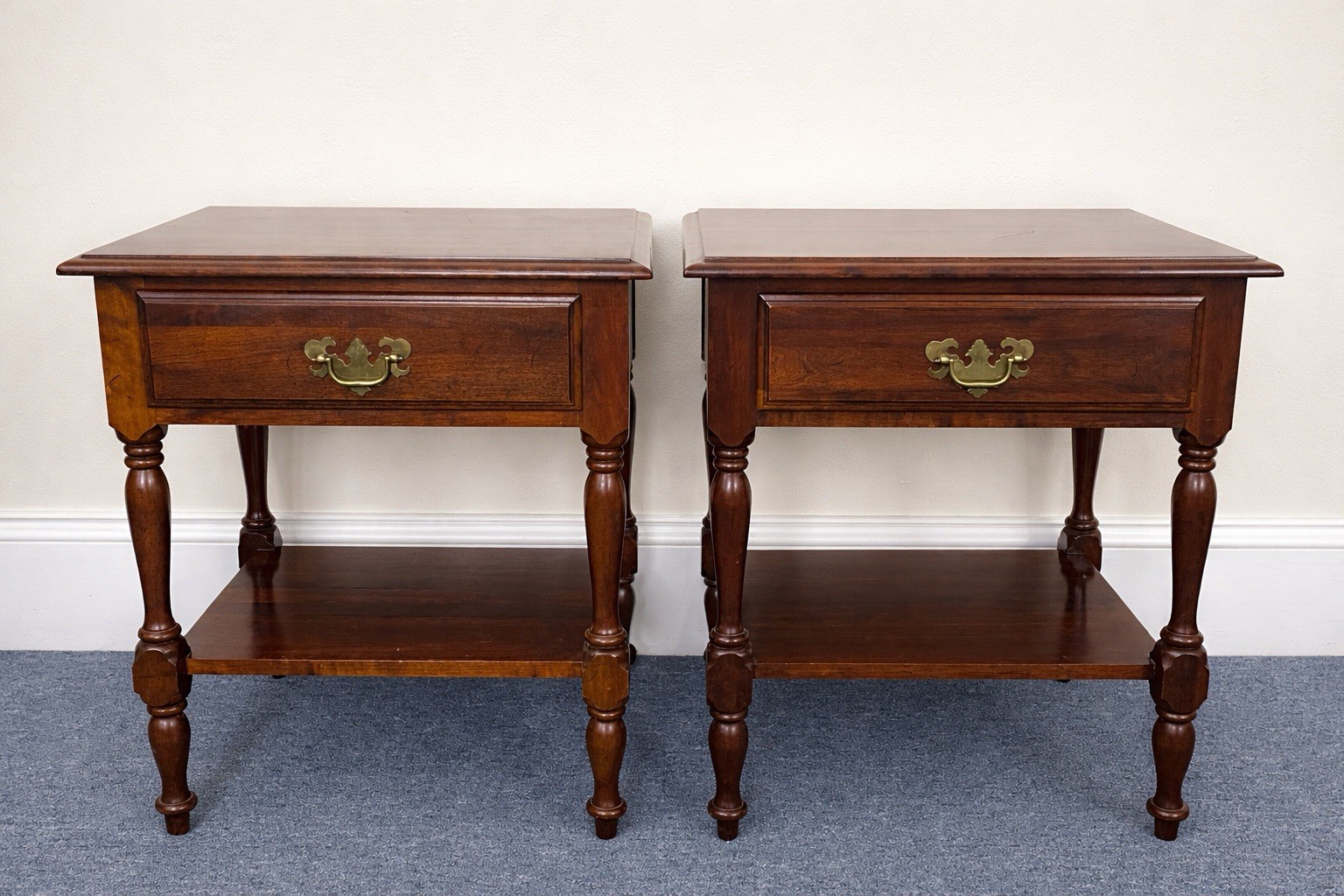 Vintage Solid Wood MCM Nightstands Pair | Cherry Finish | Brass Hardware