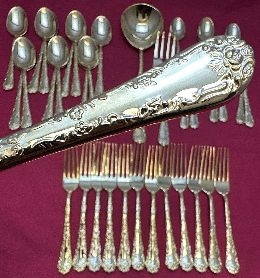 38 Pc GOLDEN ENCHANTED ROSE Gold Electroplate FLATWARE China