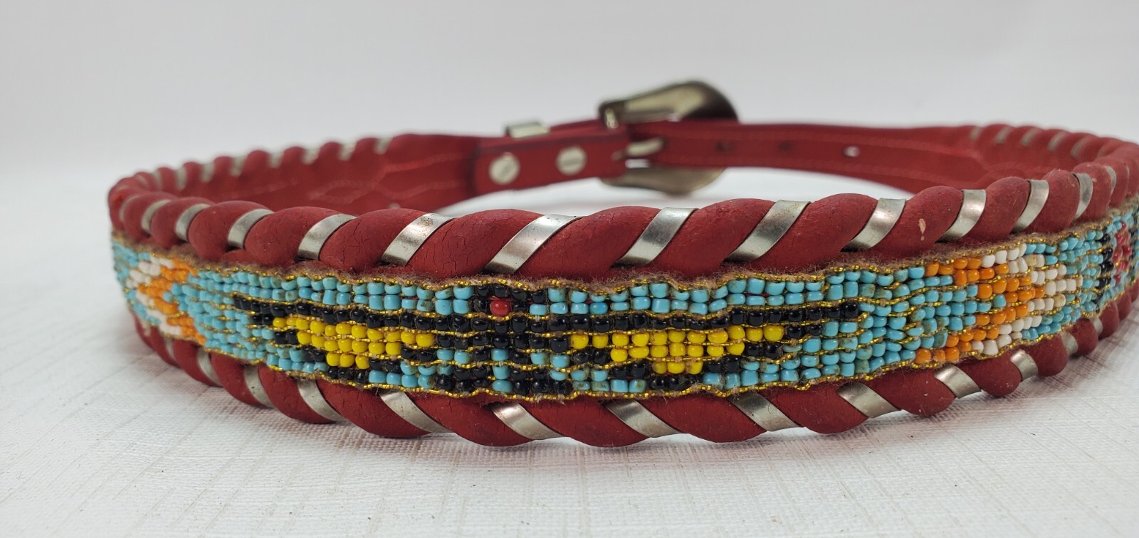 34+” Native American Beaded Red Leather Belt AL BERES Wages German Silver Buckle