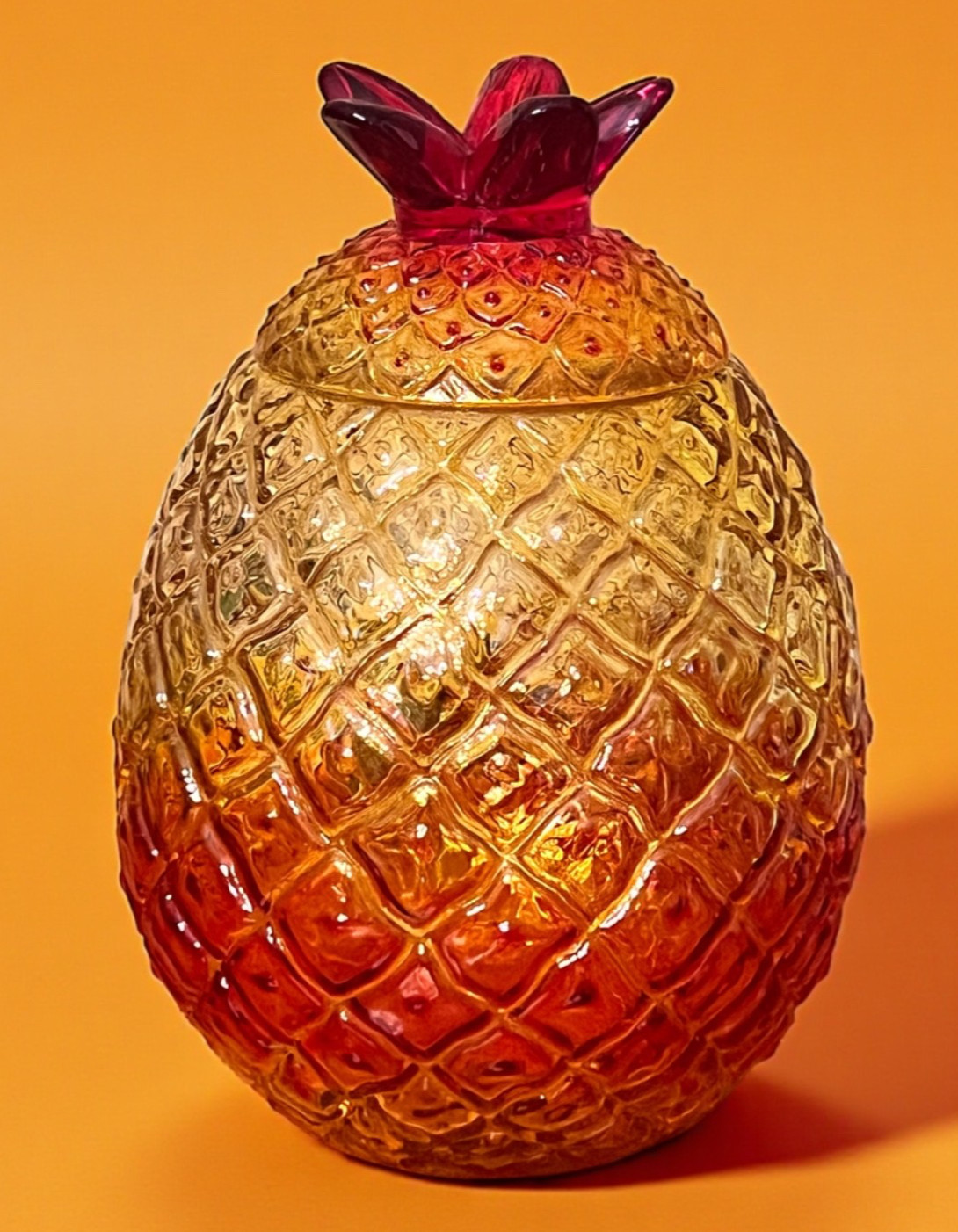 Viking Art Glass 1957 MCM Amberina “Yesteryear” Pineapple Lidded Jar MINT!