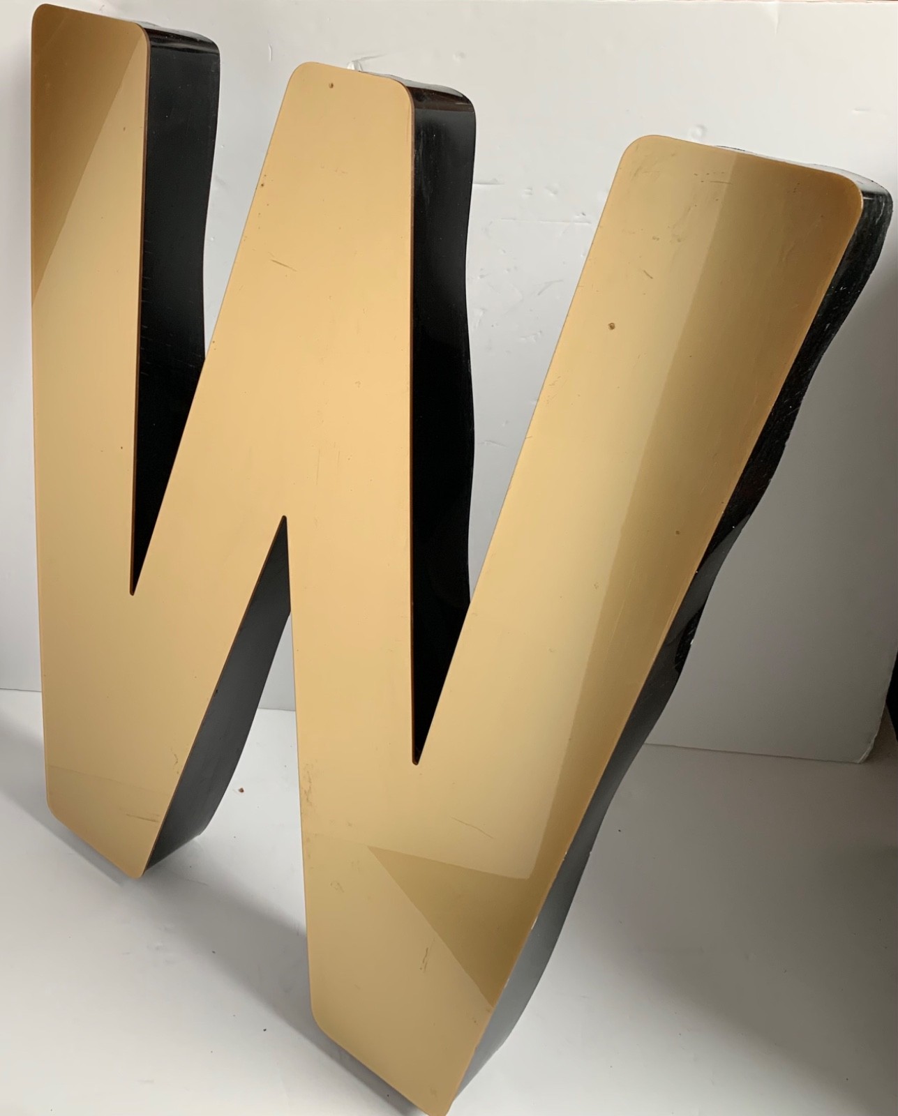 LARGE VINTAGE SHOP SIGN LETTER M or W ARCHITECTURAL SALVAGE GOLD METAL PUB BAR
