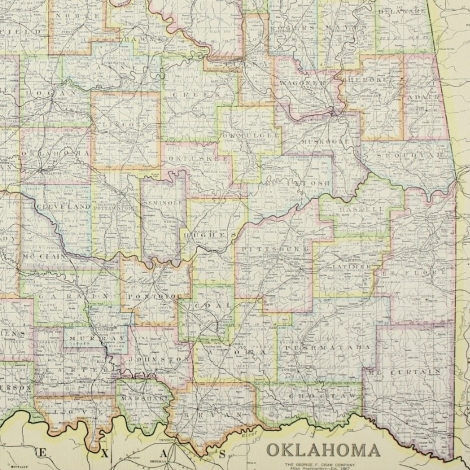 OKLAHOMA State MAP 1928 21″x14″ Jazz Age 1920s VINTAGE Large Full COLOR