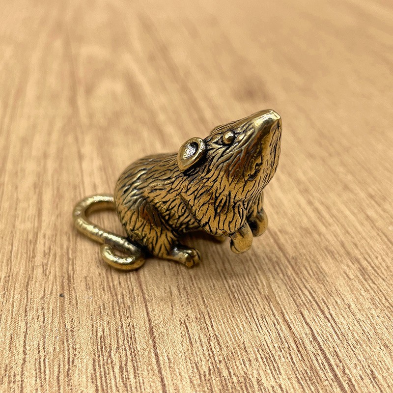 Brass Rat Figurine Chinese Zodiac Mouse Statue Mini Animal Desk Decor