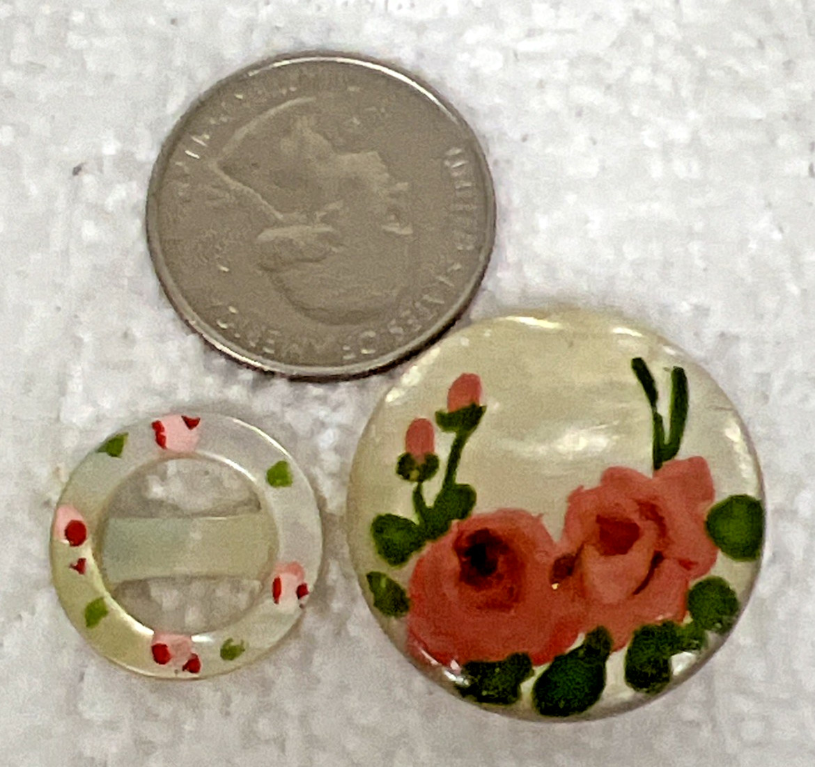 Vintage Hand Painted Flowers Mother of Pearl Button Ribbon Slide