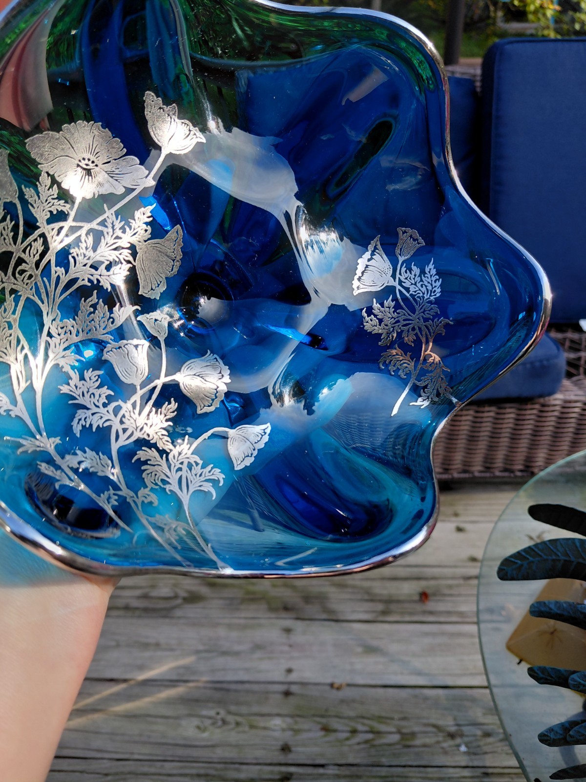 VTG Viking Blue Silver City Sterling Silver Overlay Pedestal 6 Petal Candy Dish