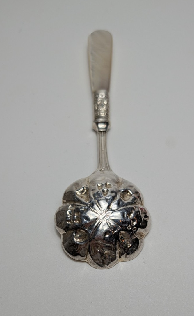 Vintage Silver Plate Spoon Mother of Pearl Handle Fruit Motif