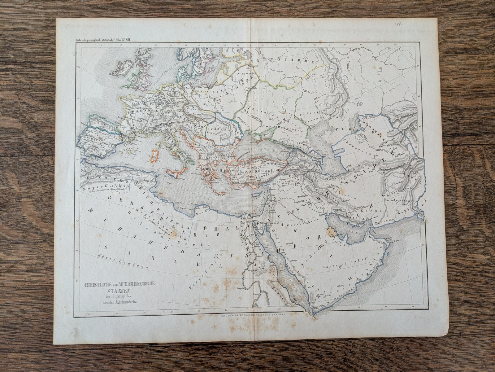Original 1856 History Atlas Map 9th Century Europe Christian Muslim 16.5″ x 13.5