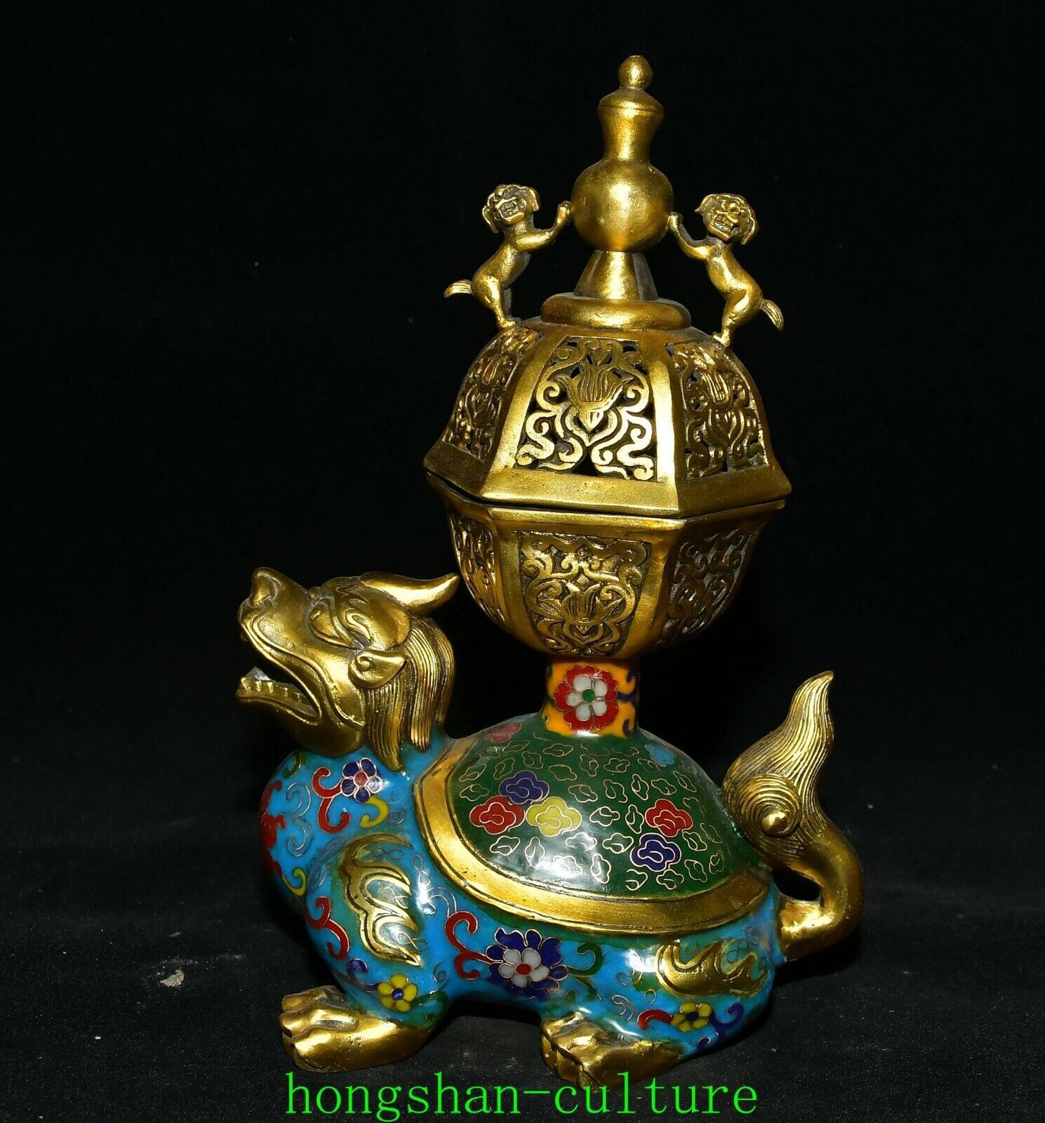 Brûleur d’encens Tortue Dragon Dynasty Bronze émail cloisonné antique 12″