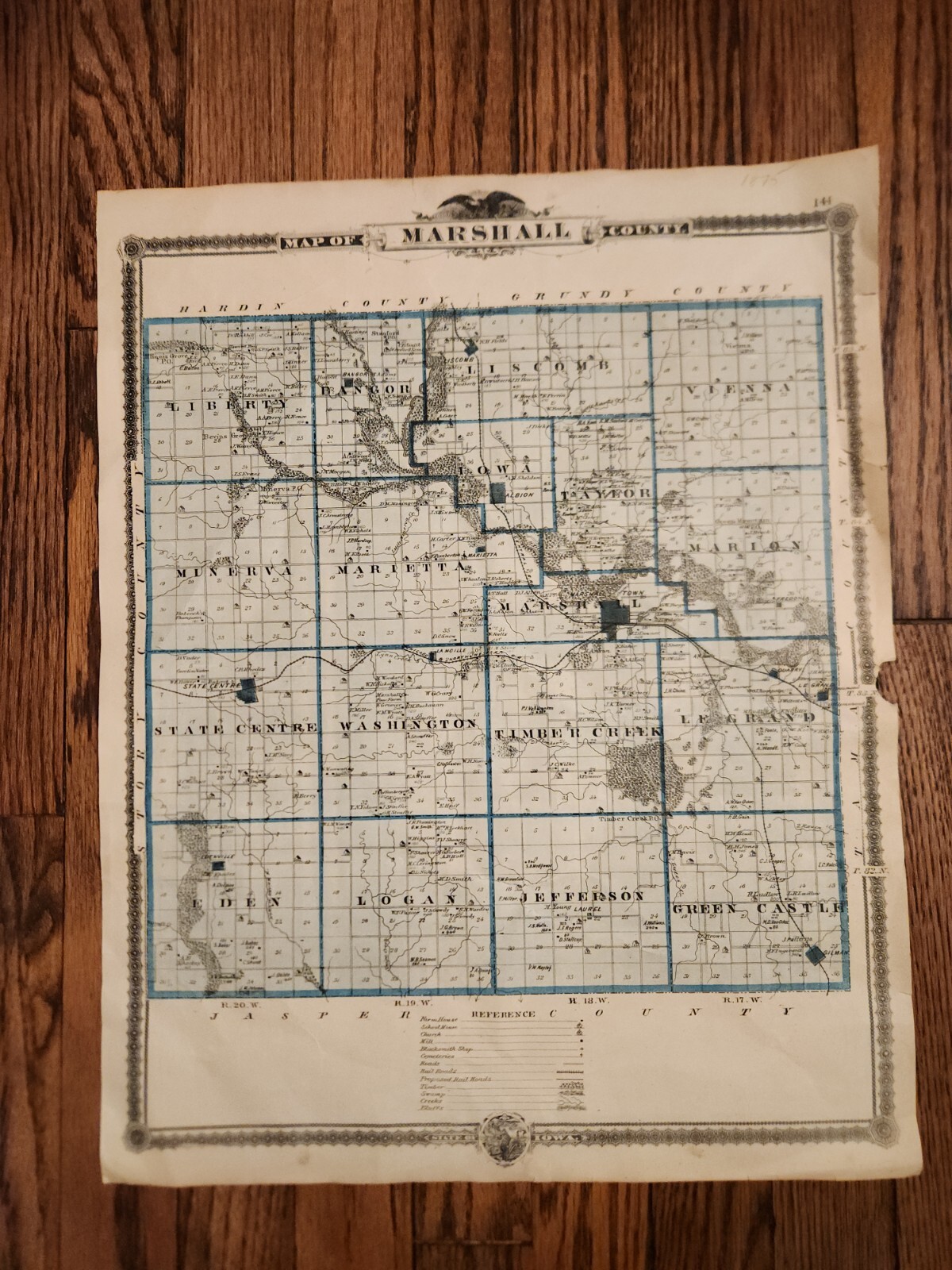 1875 Color Map of Marshall County Iowa Marshalltown Andreas Atlas Lithograph