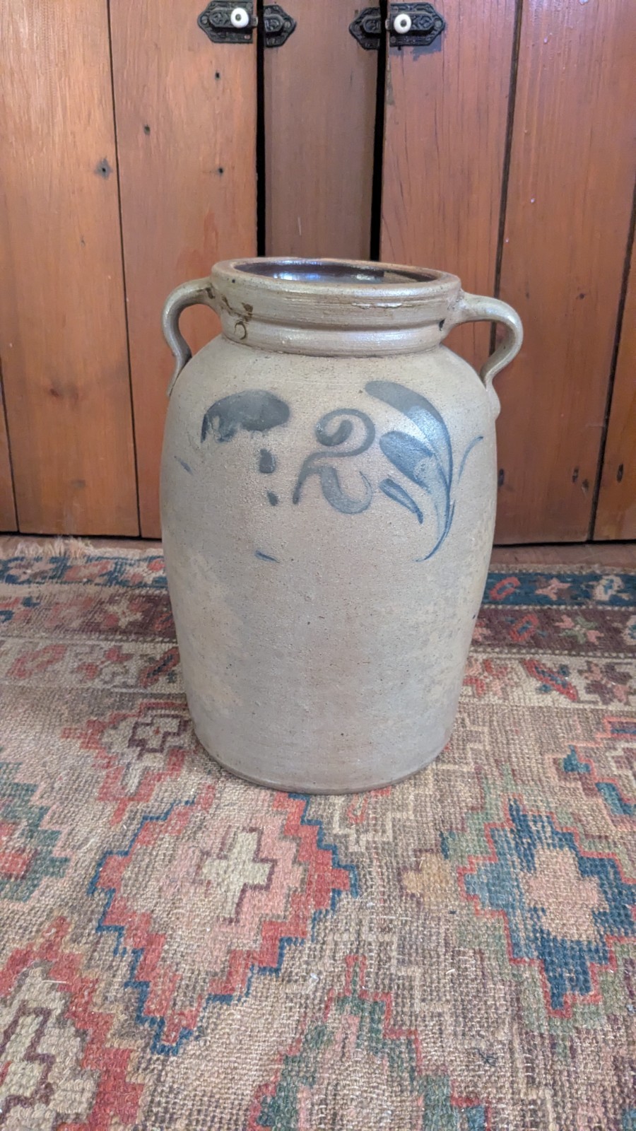 Antique Early Stoneware Double Handle Cobalt 2 Gallon Crock Churn 12.5″