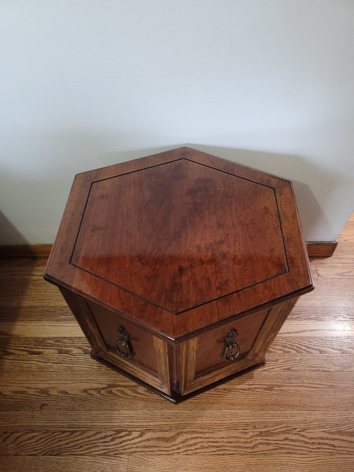 Vintage Hexagonal Wood Side End Table With Storage Compartment