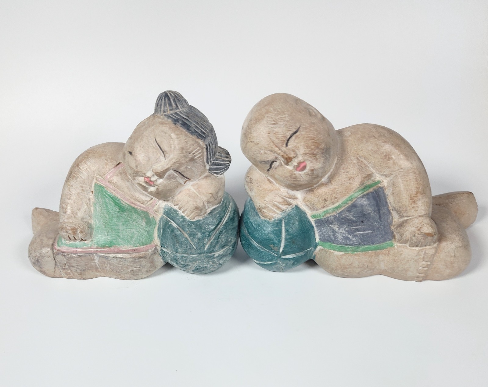 1980’s Hand Carved Pair of Asian Good Luck Babies Sleeping On Watermelons