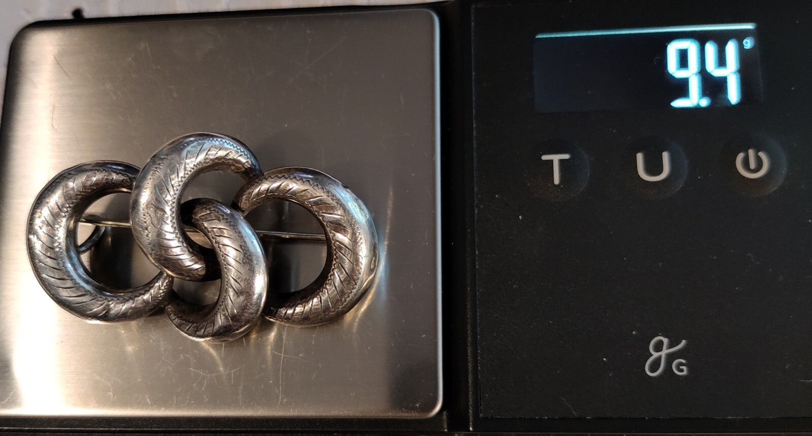 Victorian Sterling Love Knots Etched 2″ Pin Hinged C-Clasp 9.4g Unmarked