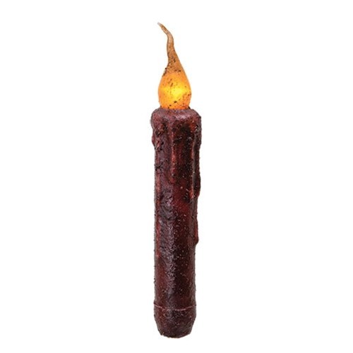 NEW PRIMITIVE TIMER TAPER CANDLE BURNT BURGUND TWISTED TOP 6″ T ALL LED Flicker