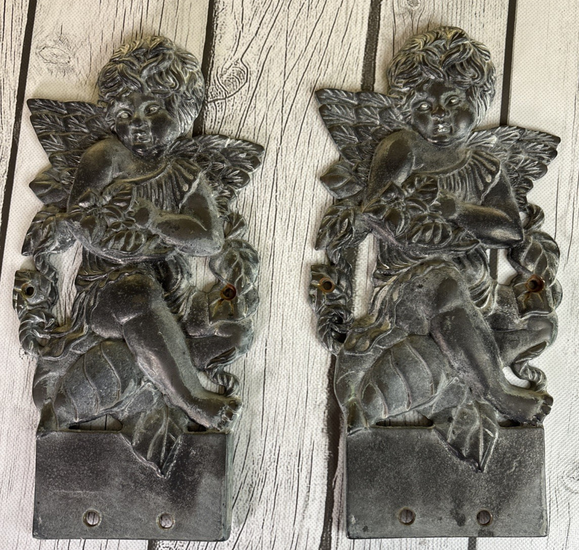 Vintage Set Decorative Wall-Mount Cast Iron Metal Cherub Wall Bracket or Corbel.