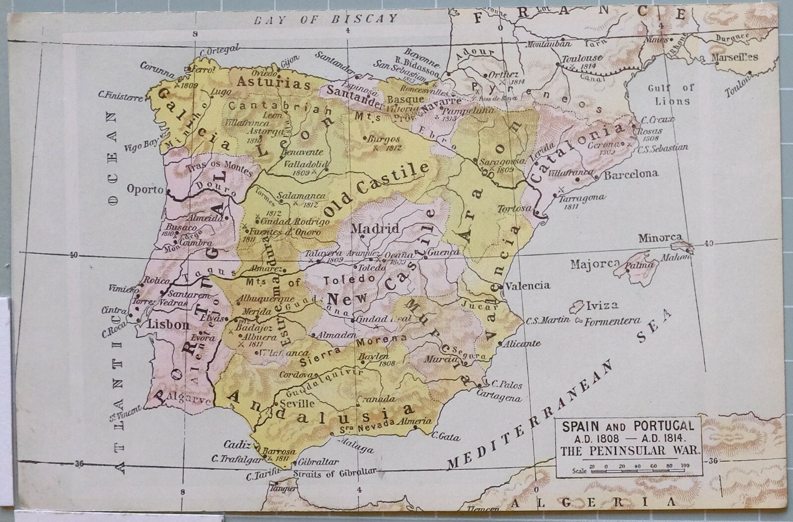 MAP SPAIN & PORTUGAL 1808 AD – 1814 AD PENINSULAR WAR NEW CASTILE LEON VALENCIA