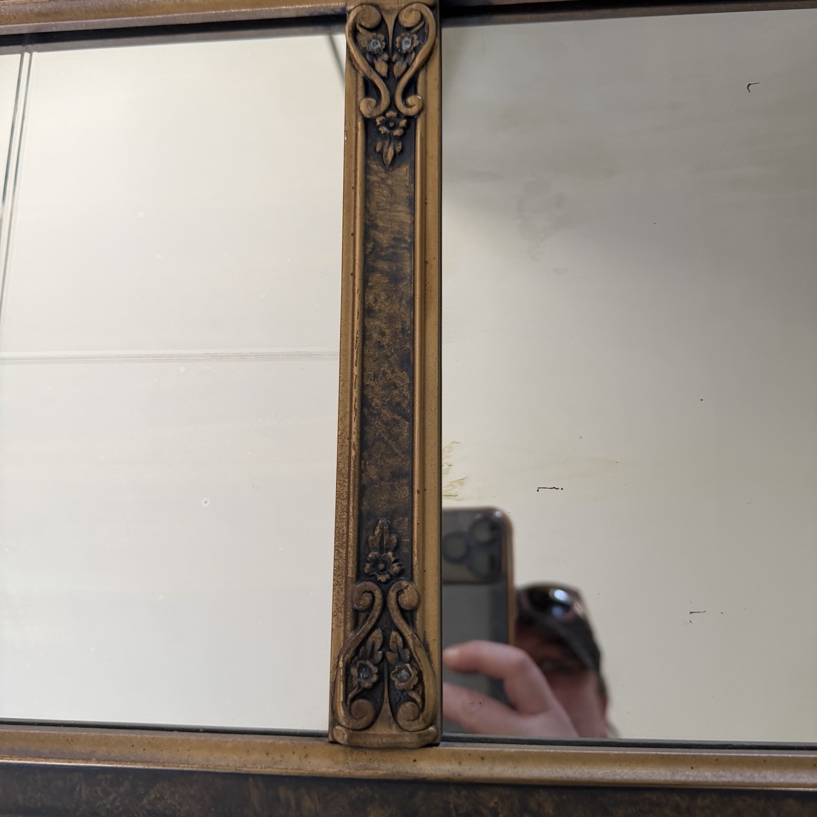 Antique 3 Panel Bevel Glass Buffet Mantle Mirror French Wood Frame Floral Carved
