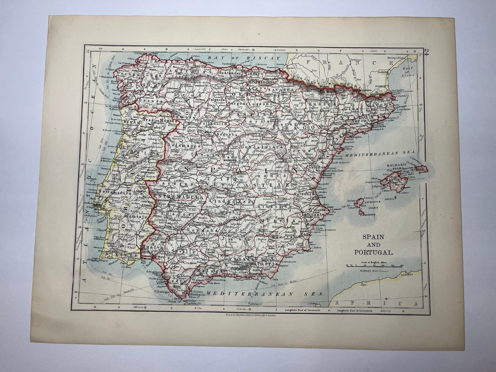 1908 SPAIN & PORTUGAL Map fm 1908 Johnstons World-Wide Atlas SEE DESCRIP