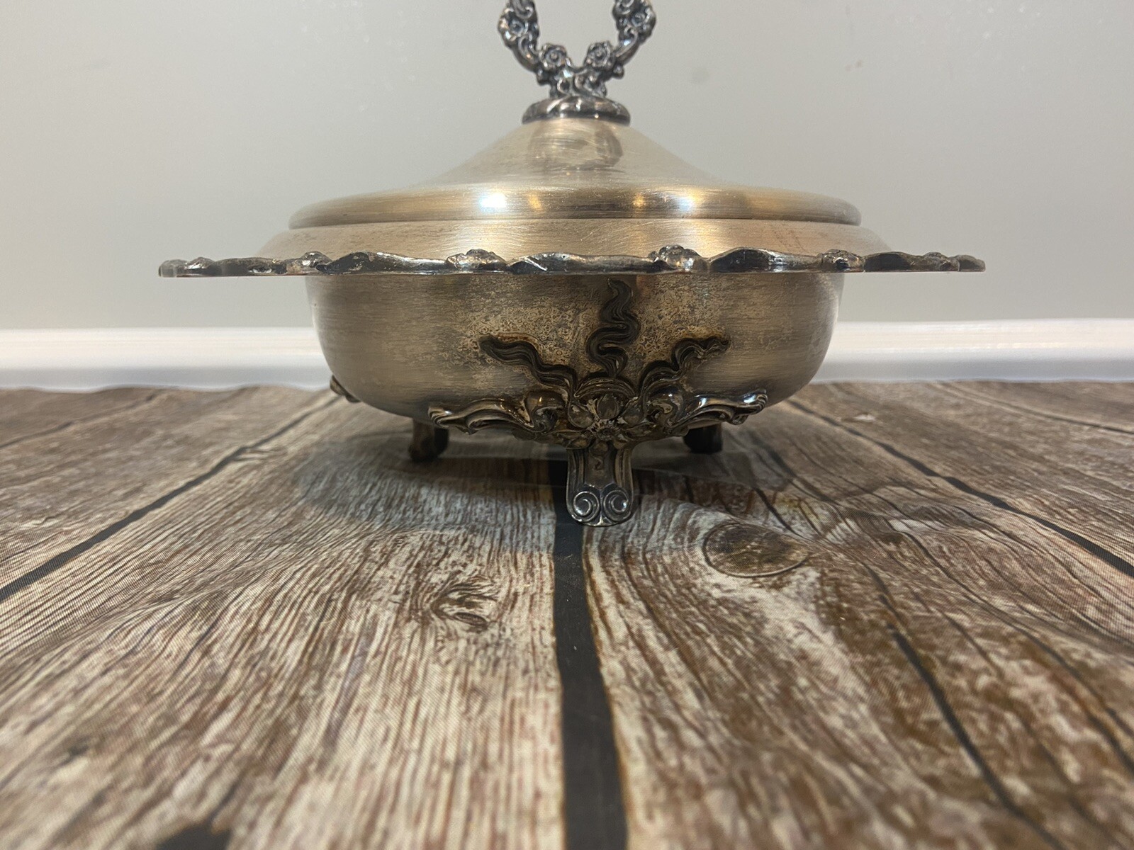 VINTAGE Silver on Copper Ornate Footed Entree Dish Bowl Covered Lid