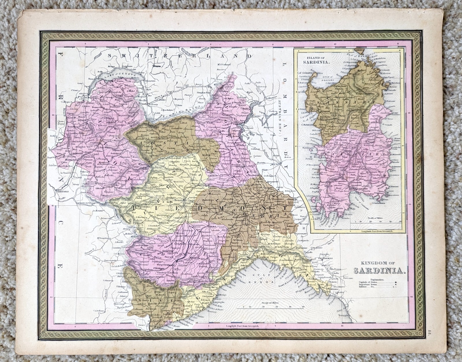 Sardinia Italy Map 1849 Vintage ORIGINAL Antique Mitchell Atlas 14″ x 17.5″