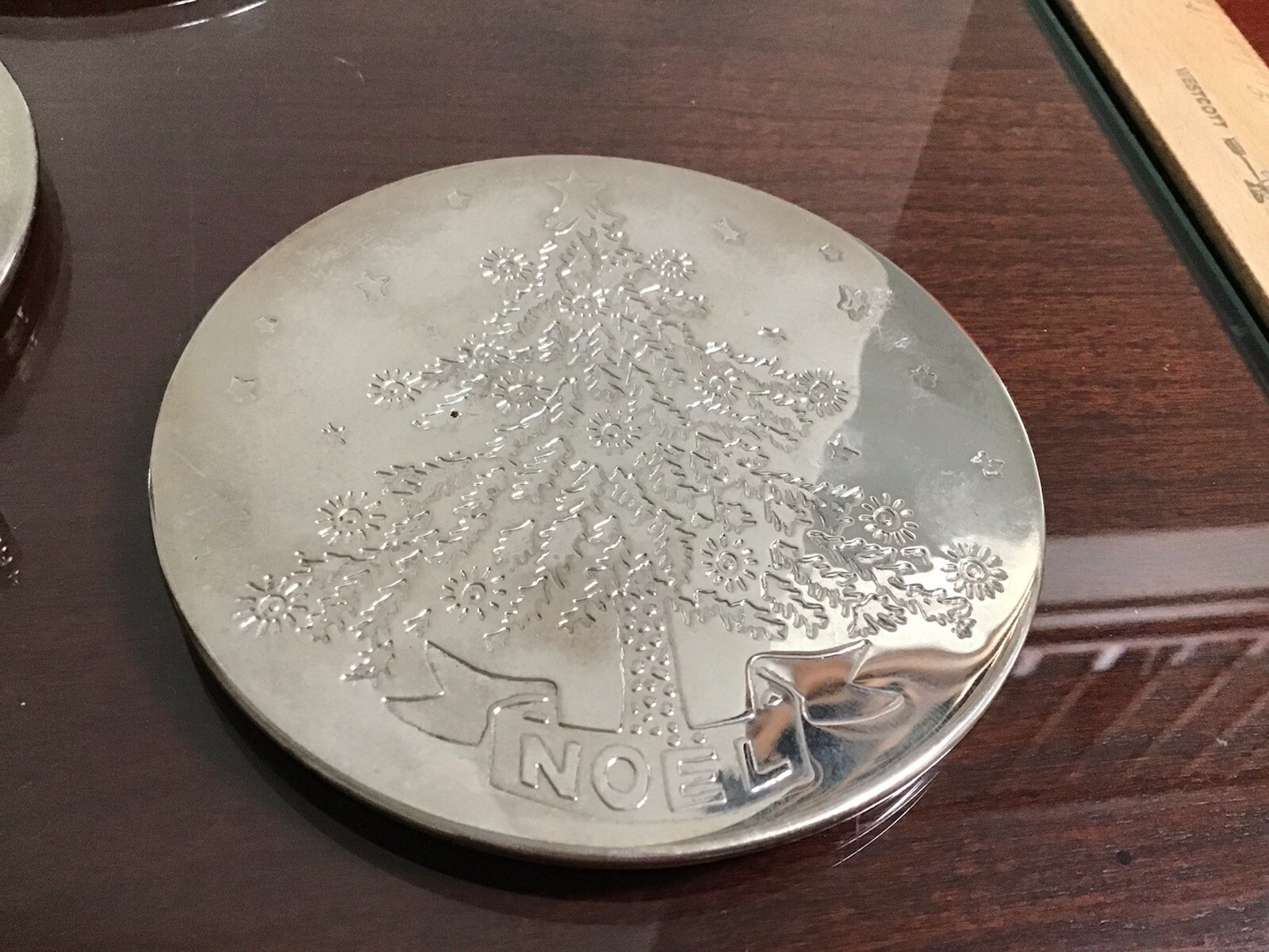 SilverPlate Set Of 6 Coasters With Base Noel Christmas Tree Vintage 3.5”D