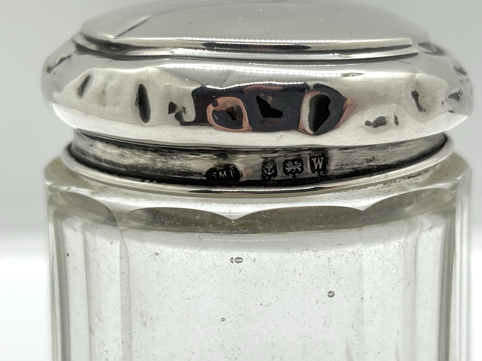 Small Antique 1920s Solid Sterling Silver Topped Glass Dressing Table Bottle Jar