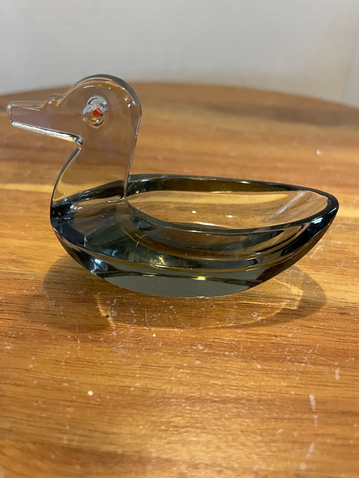 (115a) Vintage Clear Glass Crystal Duck Salt Cellar With A Red Eye!