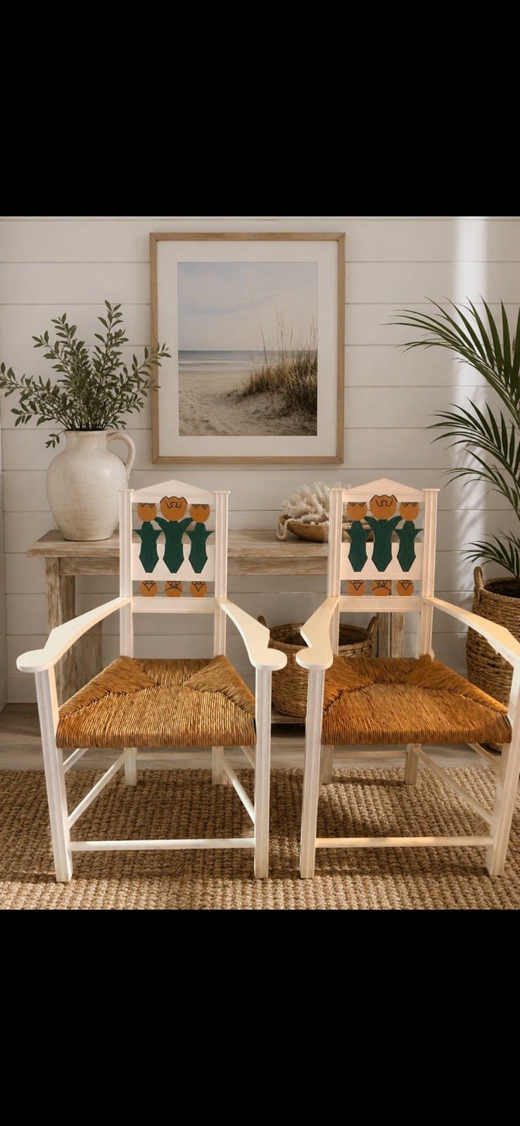 Pair of Art Nouveau “Tulip” Armchairs, Heinrich Vogeler Design with Rush Seats