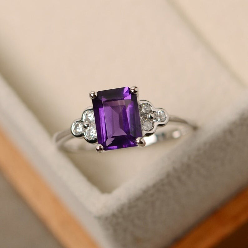 2.20 Ct Natural Amethyst Diamond Engagement Wedding Ring 14K White Gold Size 5
