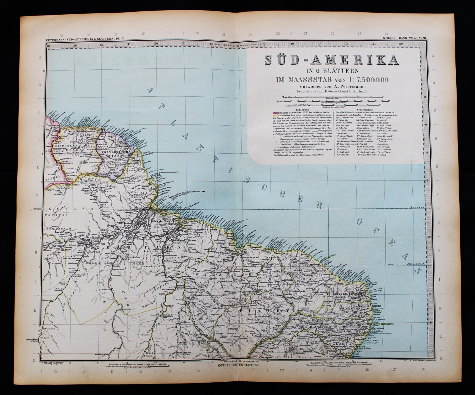 STIELERS HAND ATLAS WORLD MAP PLATE PAGE NO.91 NORTHEAST SOUTH AMERICA 1888