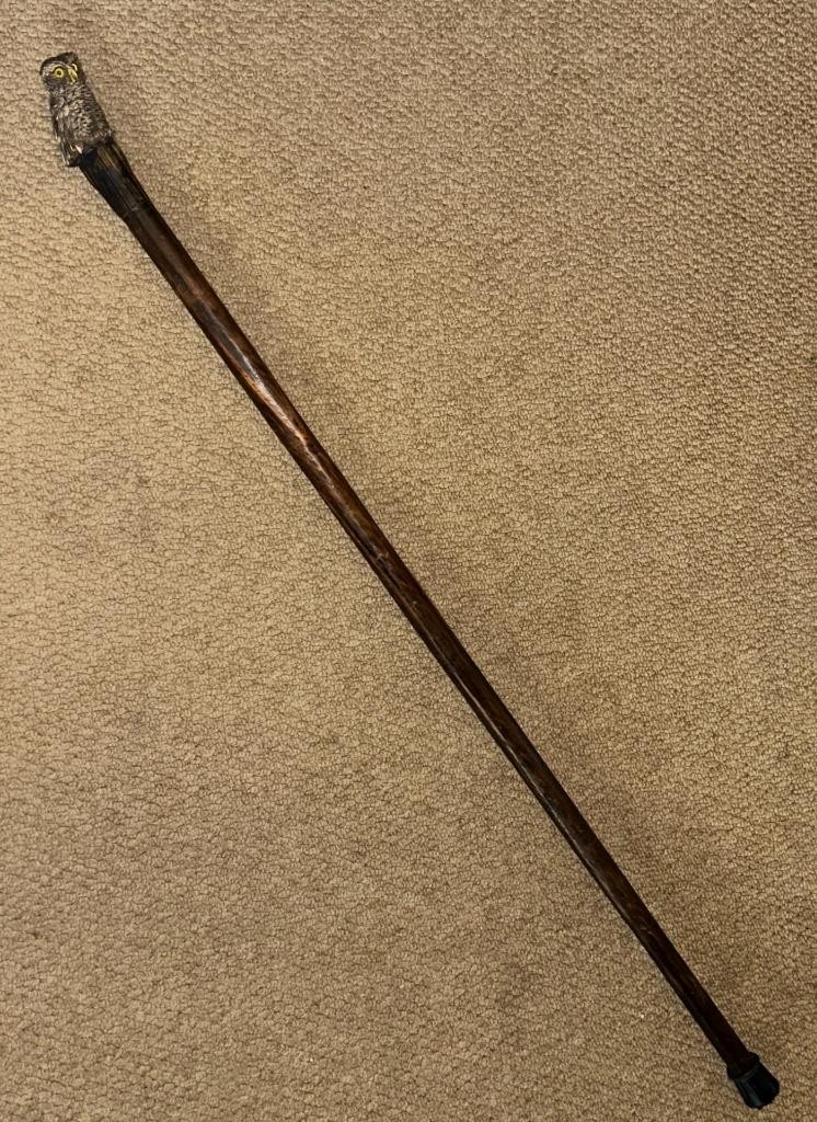 Vintage Rustic Walking Stick Cane – Intricate Resin Owl Top – Glass Eyes
