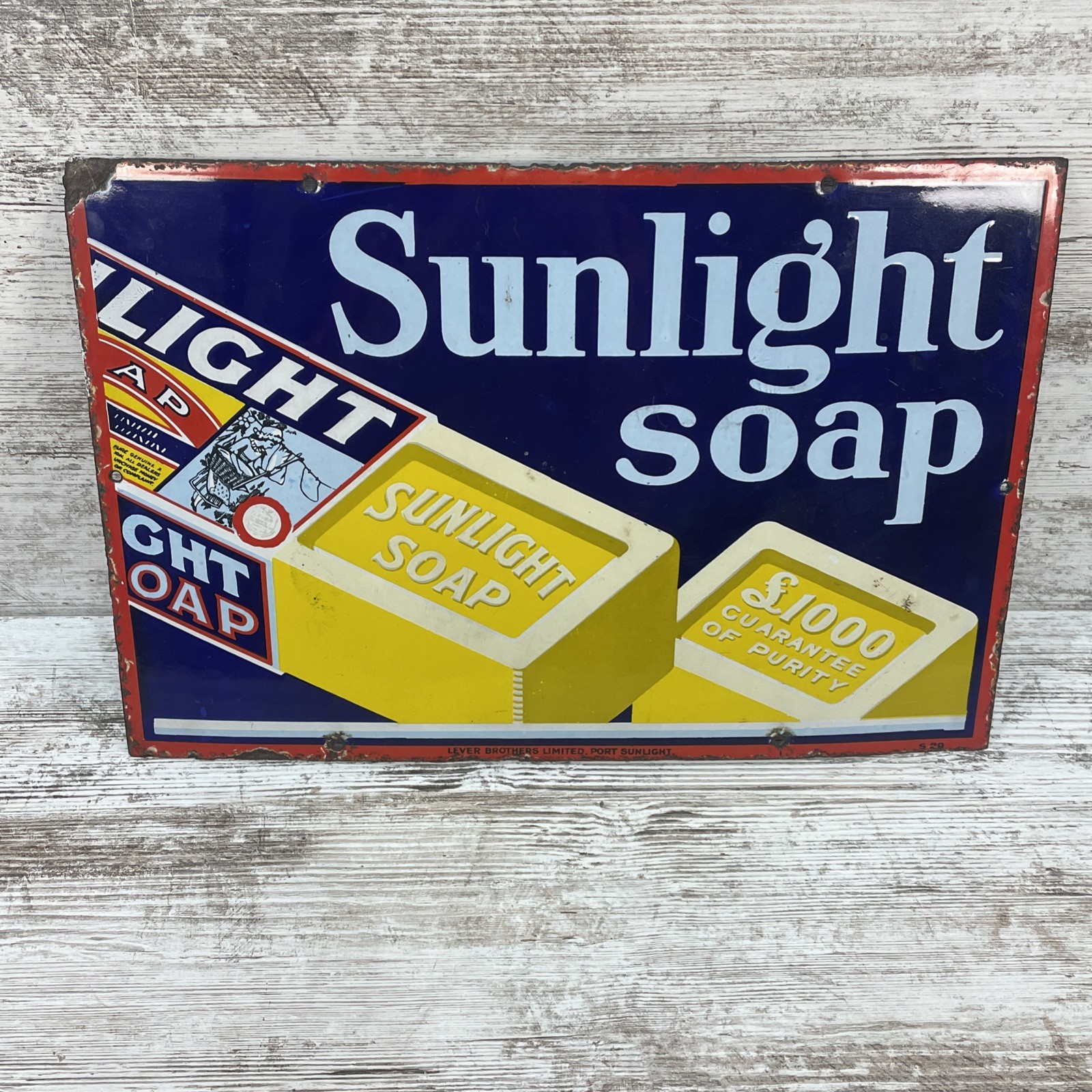 Original Antique Enameled Sunlight Soap Advertising Sign 18 By 12in