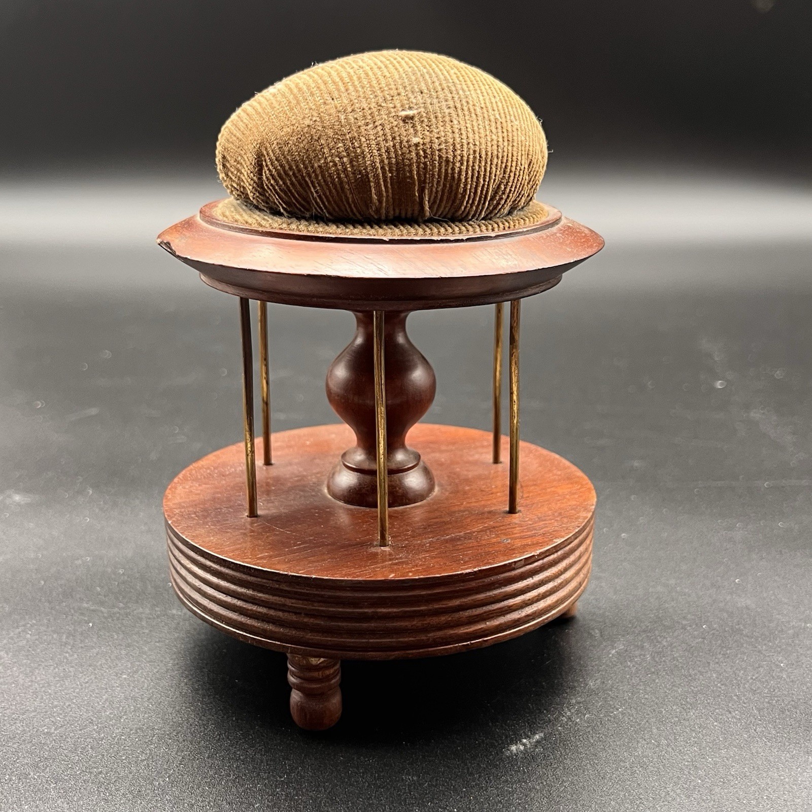 Antique Victorian Spool Thread Caddy With Corduroy Pin Cushion