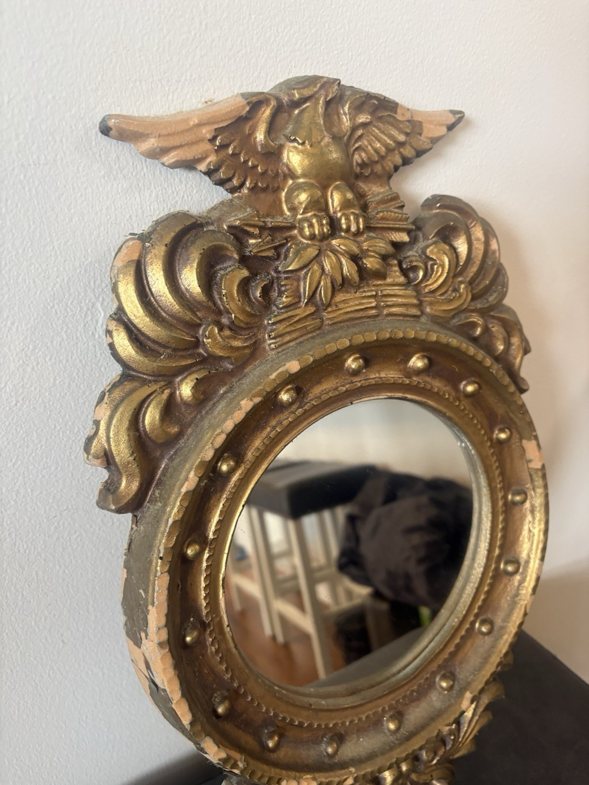 Antique Wood Federal Gold Gilt Porthole Eagle Mirror USA Distressed