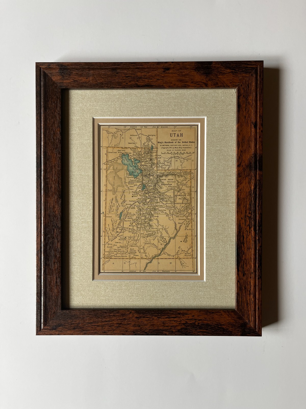 1891 UTAH “Copper” State Map by Matthews-Northrup Co. Frame/Mat SEE DESCRIP