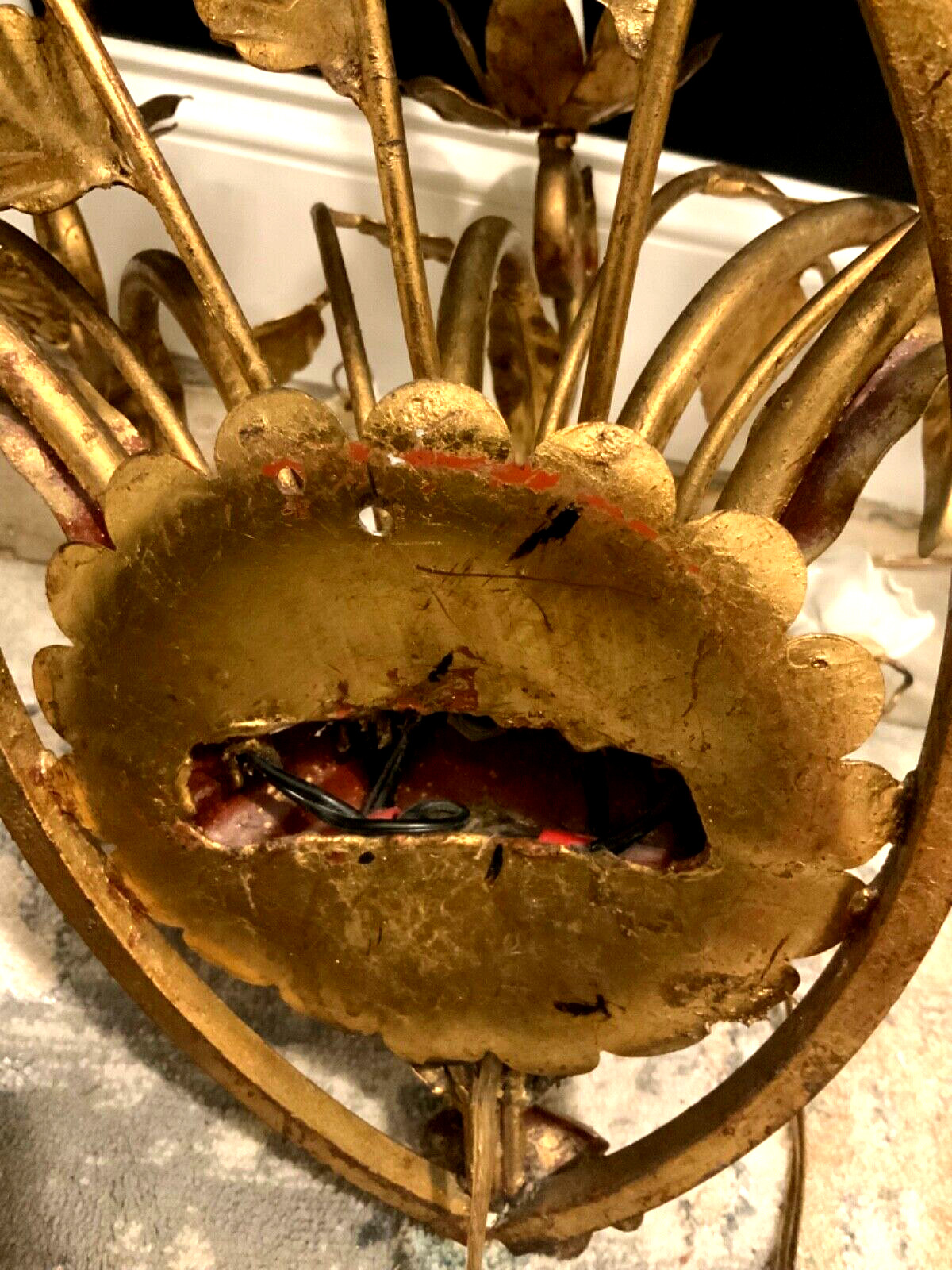 VTG ITALIAN Gold Gilt White PORCELAIN Roses Wall 5 Light SCONCE Stunning Quality