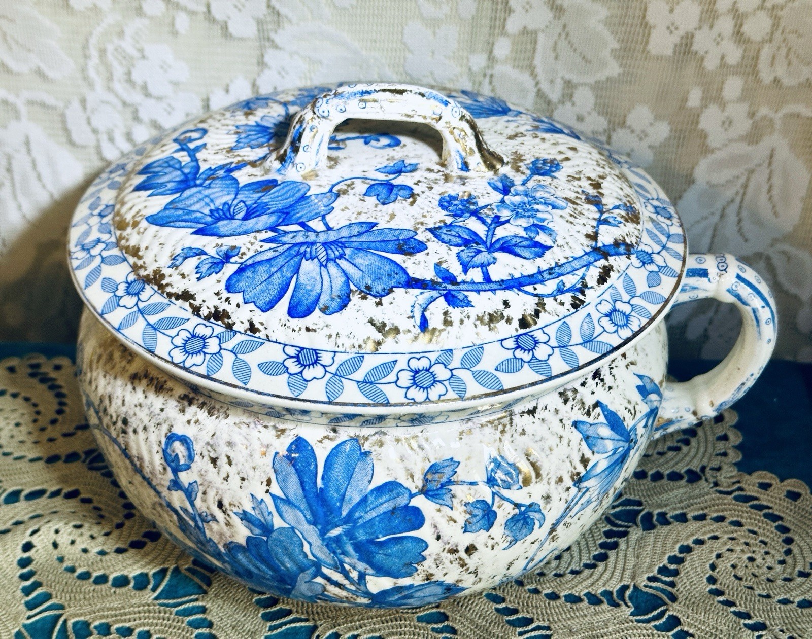 1880’s Ridgway’s CHESTER Guilded Flow Blue Transfer Ware Chamber Pot with Lid