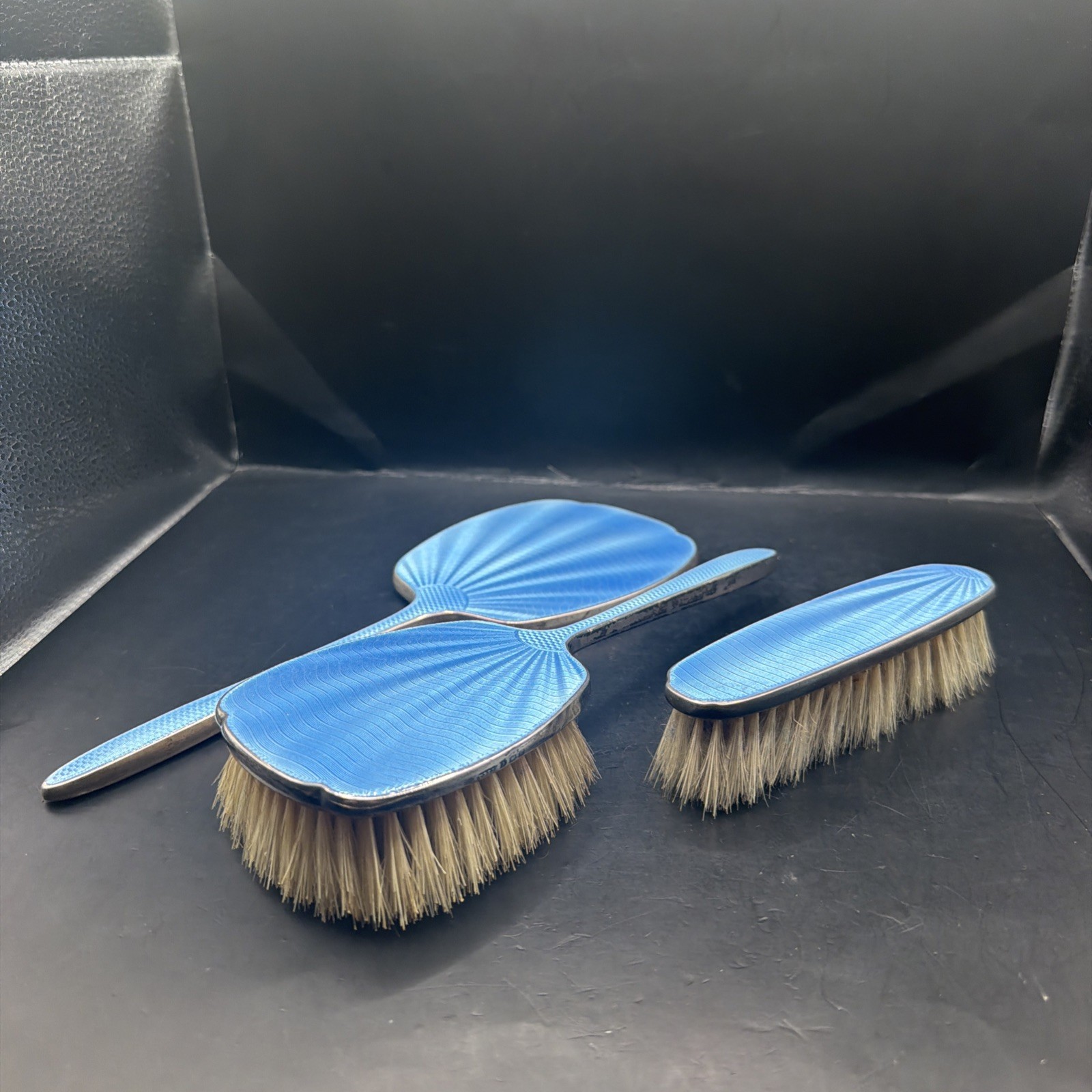 c.1900’s Sterling Silver Blue Guilloche Enamel Vanity Set Mirror Hair Brush 3pc