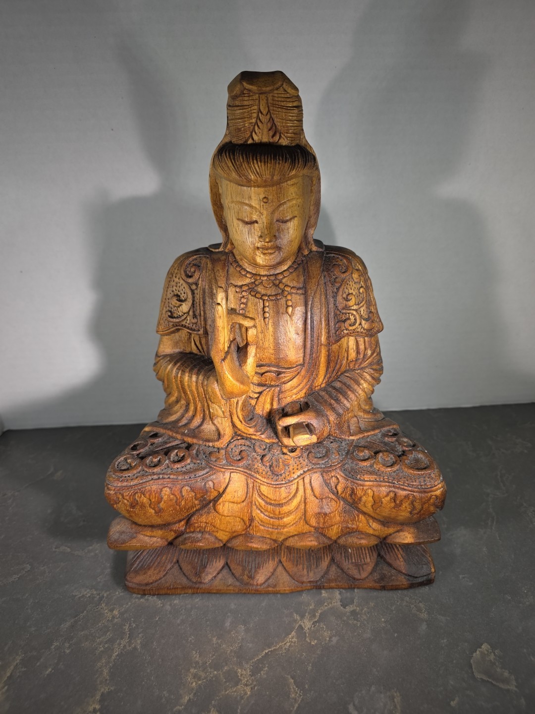 Vintage Intricate Hand Carved Wood Balinese Guanyin Buddha Statue Sculpture 12″