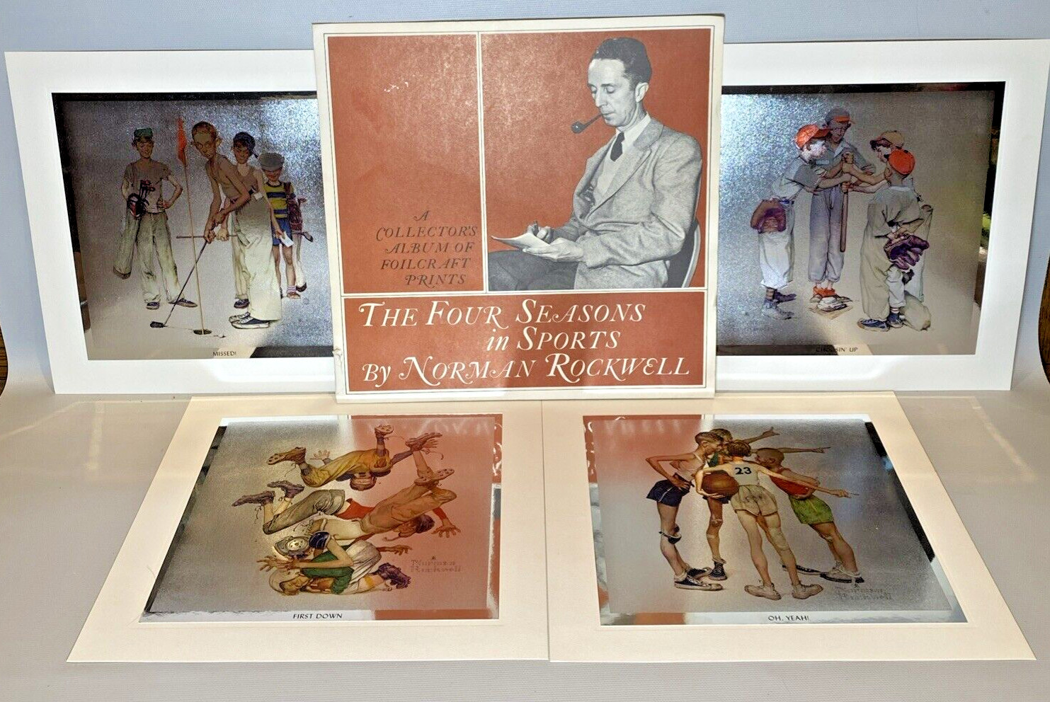 Vtg Normal Rockwell Four Seasons Sporting Boys Foilcraft Prints Lithograph 9″x9″
