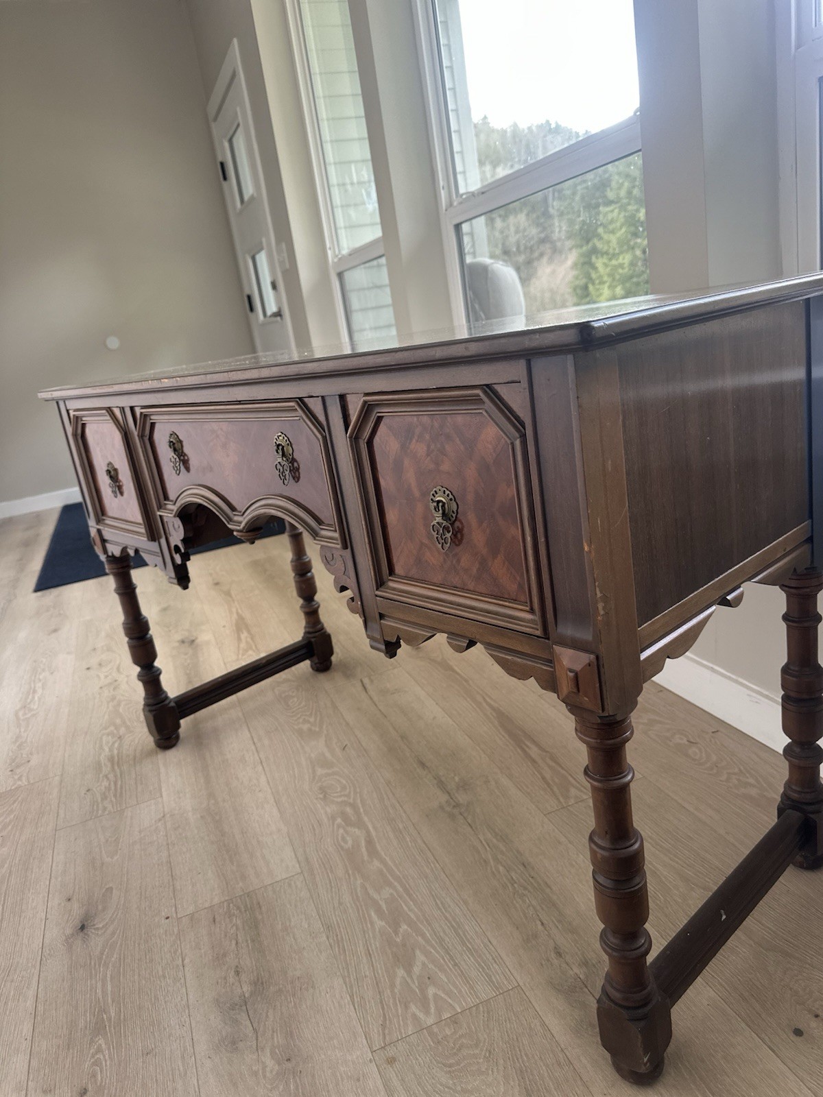 Berkey & Gay Furniture Victorian Antique Wood Console Table Brass Handles